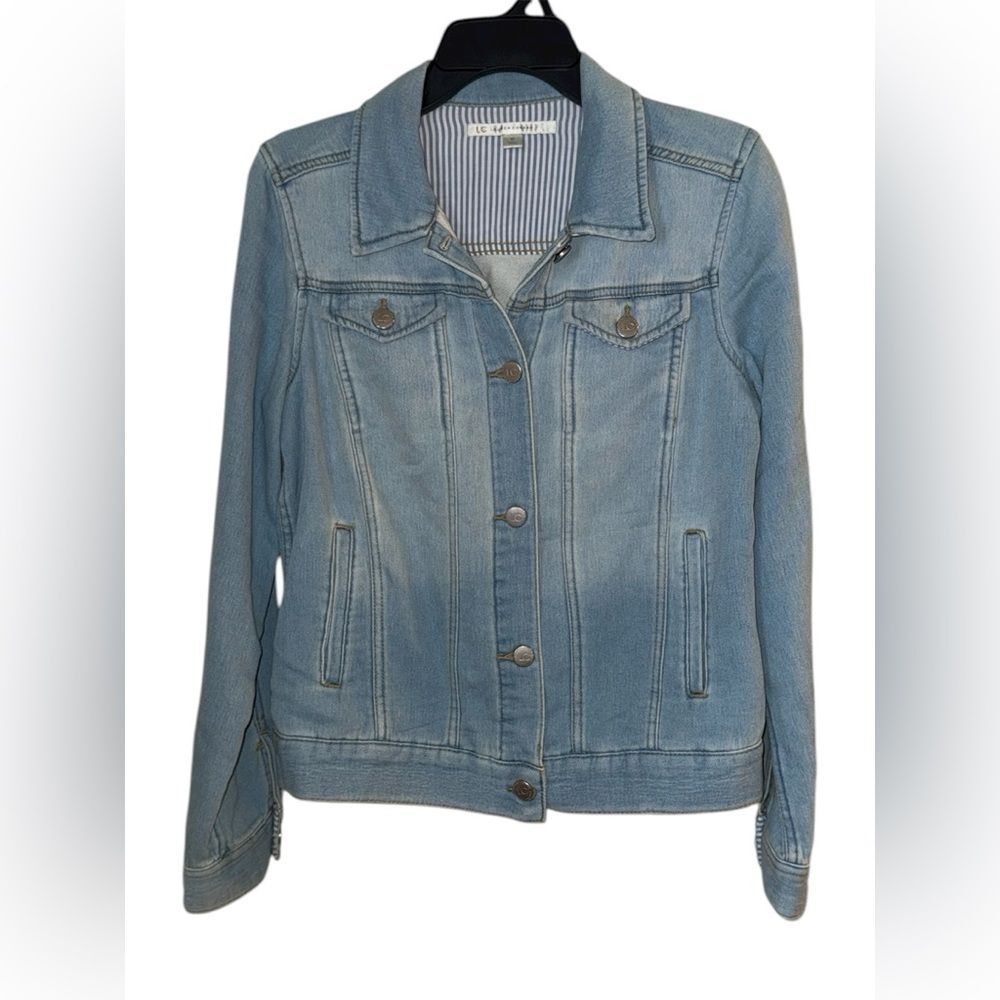 LC Lauren Conrad M Light Wash Denim Trucker Biker Jacket Stripe Trim Chic preppy